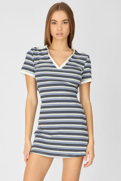 Blue Stripe Contrast Collar Short Sleeve Mini Dress