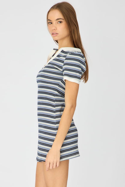 Blue Stripe Contrast Collar Short Sleeve Mini Dress