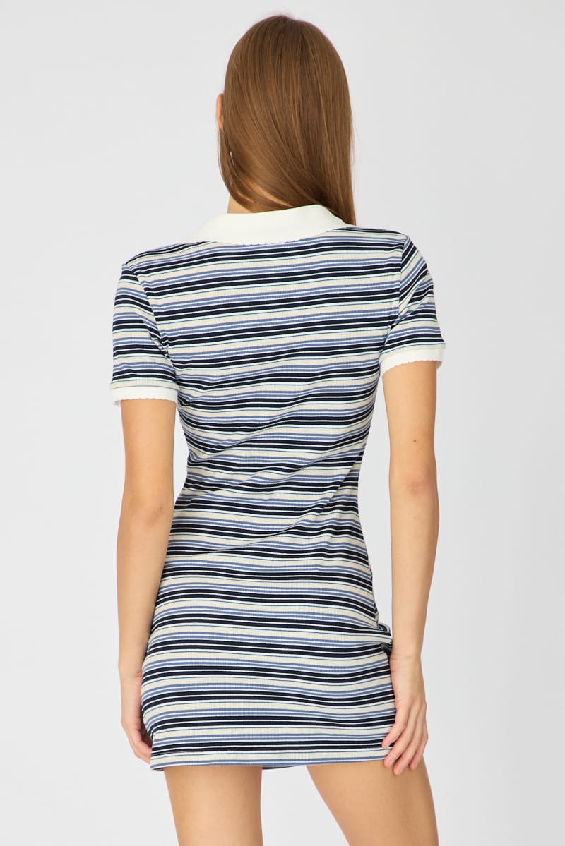 Blue Stripe Contrast Collar Short Sleeve Mini Dress