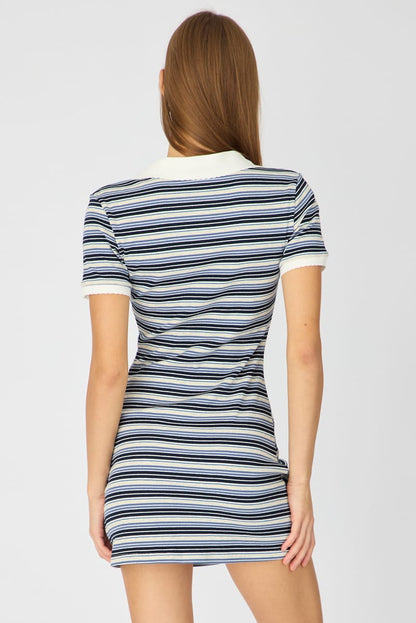 Blue Stripe Contrast Collar Short Sleeve Mini Dress