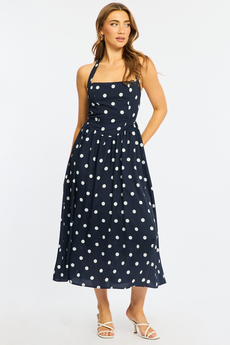 Blue Polka Dot Maxi Dress Halter Neck