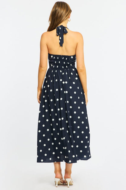 Blue Polka Dot Maxi Dress Halter Neck