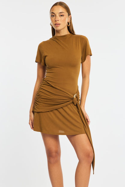 Beige Mini Dress Drape Detail