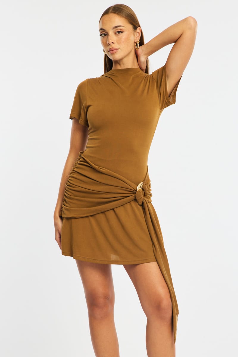 Beige Mini Dress Drape Detail