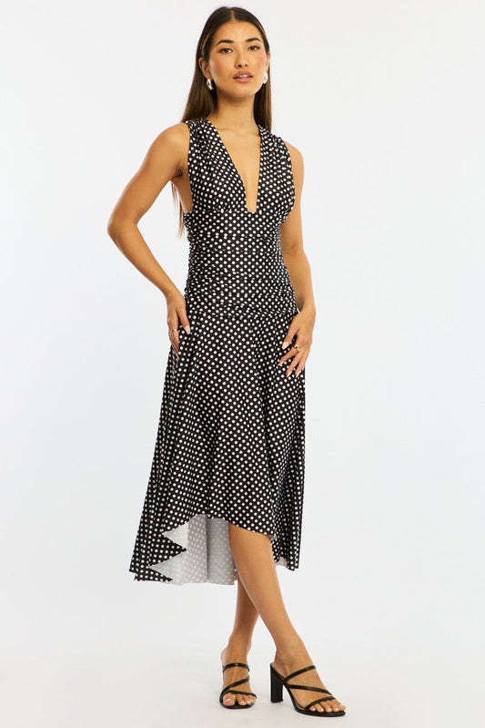 Black Polka Dot Midi Dress Hanky Hem