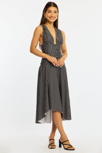 Black Polka Dot Midi Dress Hanky Hem