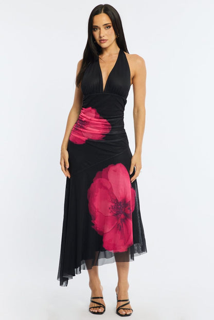 Red Floral Halter Neck Midi Dress