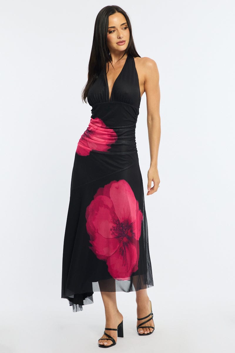 Red Floral Halter Neck Midi Dress