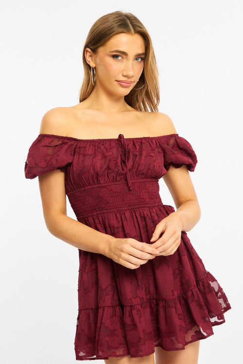 Red Fit And Flare Dress Puff Sleeve