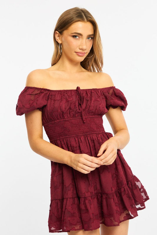 Red Fit And Flare Dress Puff Sleeve
