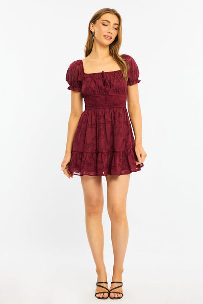 Red Fit And Flare Dress Puff Sleeve