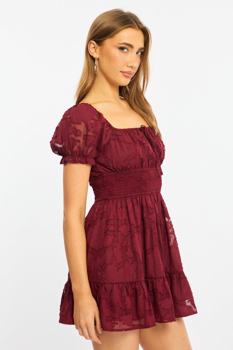 Red Fit And Flare Dress Puff Sleeve
