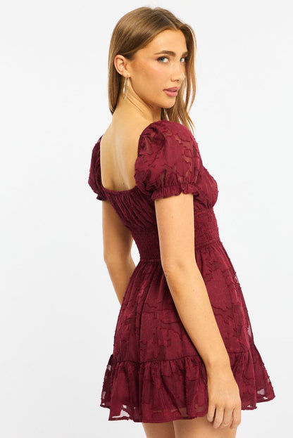 Red Fit And Flare Dress Puff Sleeve