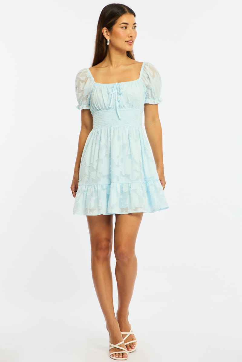 Blue Fit And Flare Dress Puff Sleeve