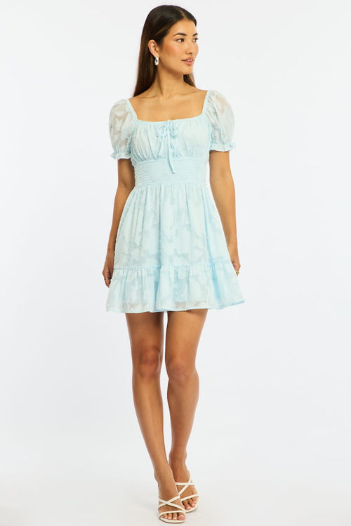 Blue Fit And Flare Dress Puff Sleeve