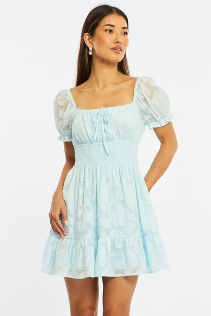 Blue Fit And Flare Dress Puff Sleeve
