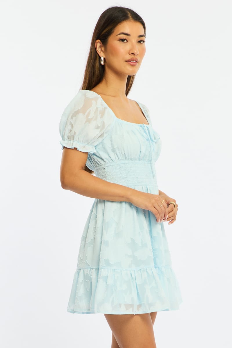 Blue Fit And Flare Dress Puff Sleeve