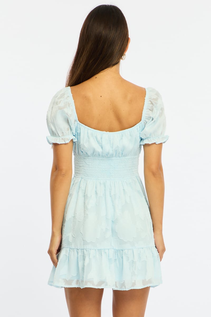 Blue Fit And Flare Dress Puff Sleeve