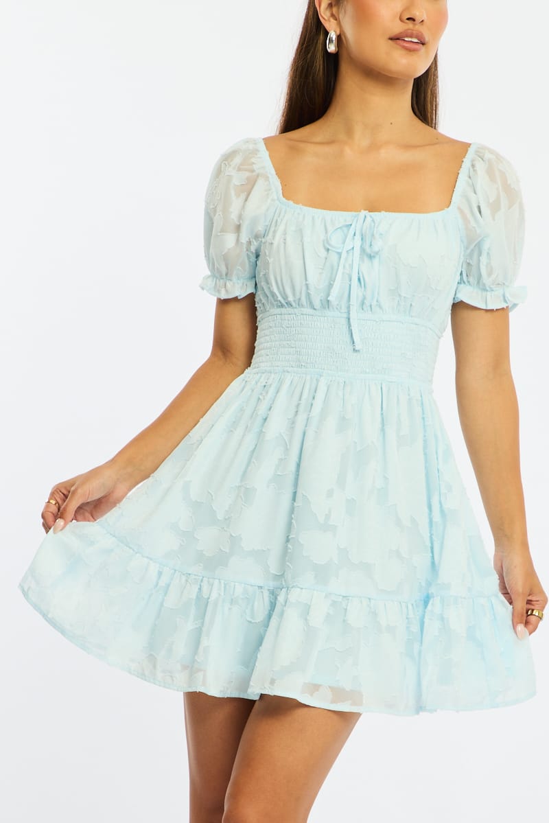 Blue Fit And Flare Dress Puff Sleeve